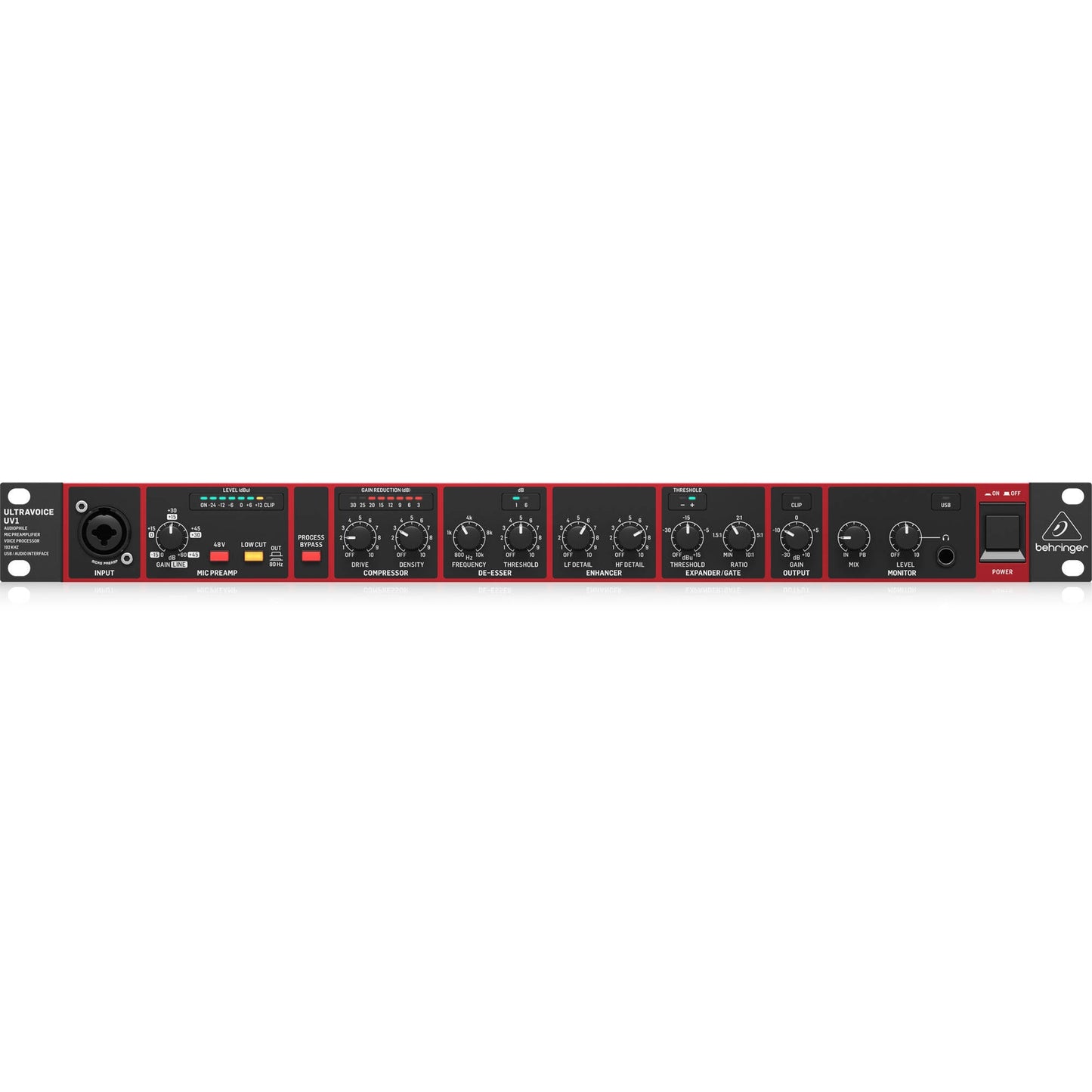 Behringer ULTRAVOICE UV1 Channel Strip with Mic Pre, Voice Processing, and USB Audio Interface
(000-E5902-00010)
