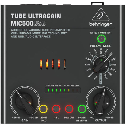 Behringer TUBE ULTRAGAIN MIC500USB Audiophile Vacuum Tube Preamplifier with Preamp Modeling Technology and USB/Audio Interface (000-B4N02-00010)